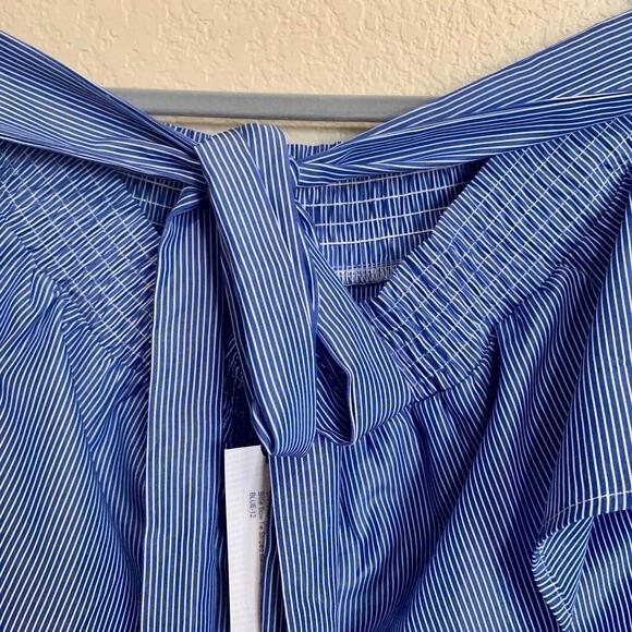 Boohoo top Blue striped Bardot crop top cuffed sleeve size 8 - Picture 7 of 11